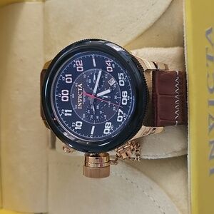Invicta Gold Black/brown Leather Russian Diver Watch Mens